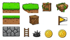 2D platformer tileset with grass dirt stone crate platform ladder spike coin and flag tiles in green brown grey gold