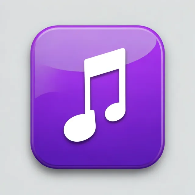 A glossy 3D music app icon with a white eighth note on a purple-to-violet gradient tile