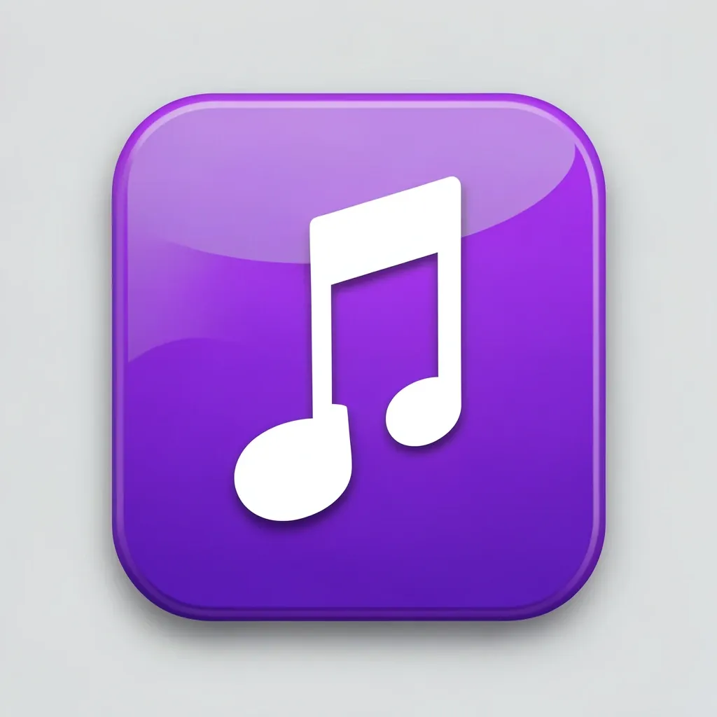 A glossy 3D music app icon with a white eighth note on a purple-to-violet gradient tile