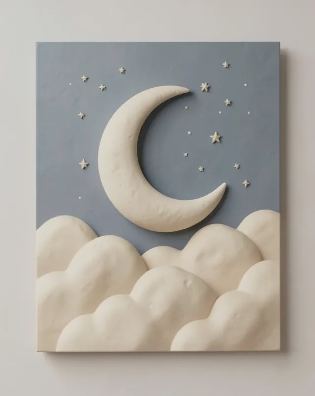 A soft 3D crescent moon and small stars above clay-textured clouds in a muted twilight palette