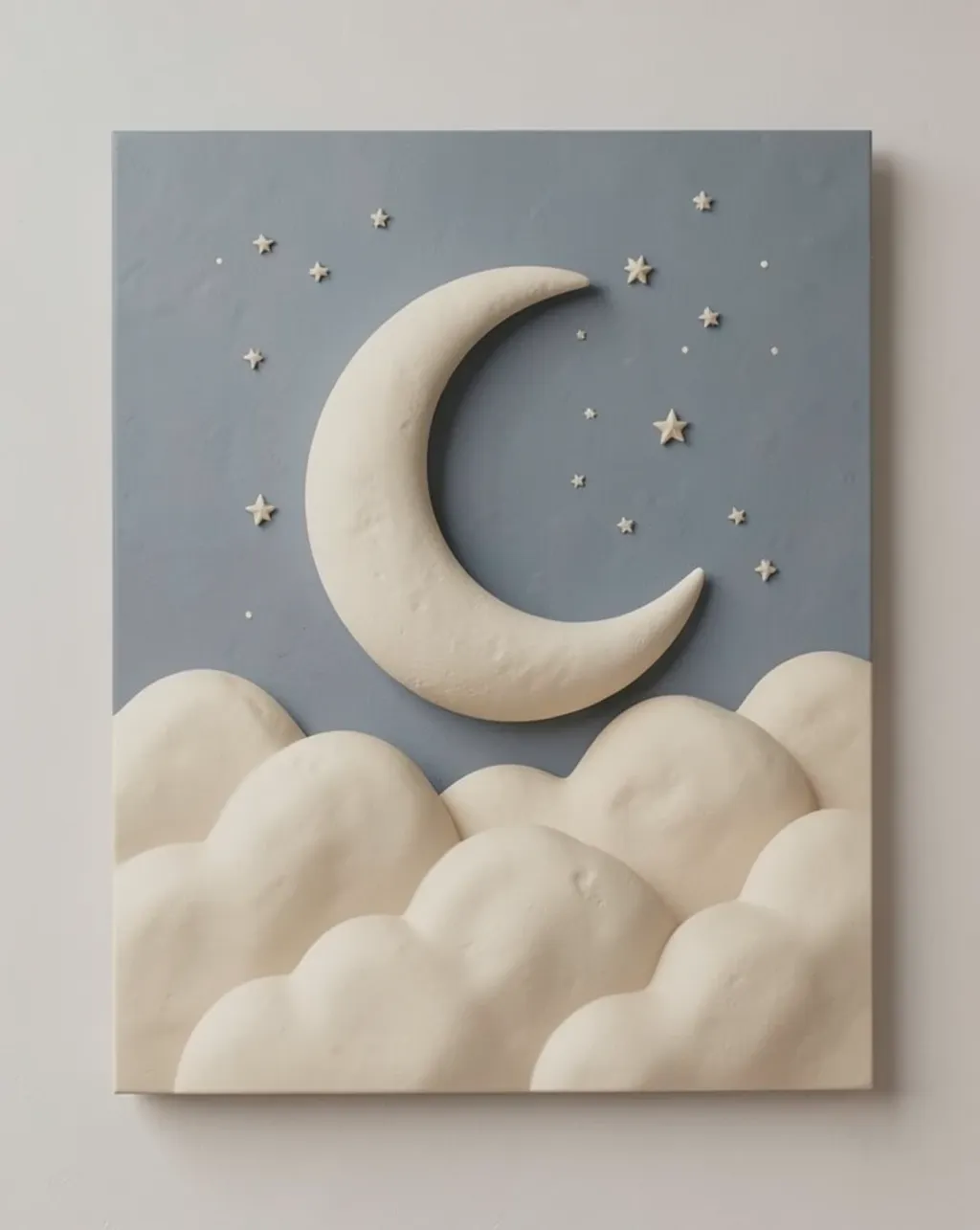A soft 3D crescent moon and small stars above clay-textured clouds in a muted twilight palette