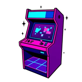 80s arcade gaming t-shirt design with cabinet silhouette, neon grid floor, pixel screen and pink blue purple fills