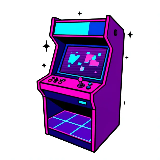 80s arcade gaming t-shirt design with cabinet silhouette, neon grid floor, pixel screen and pink blue purple fills