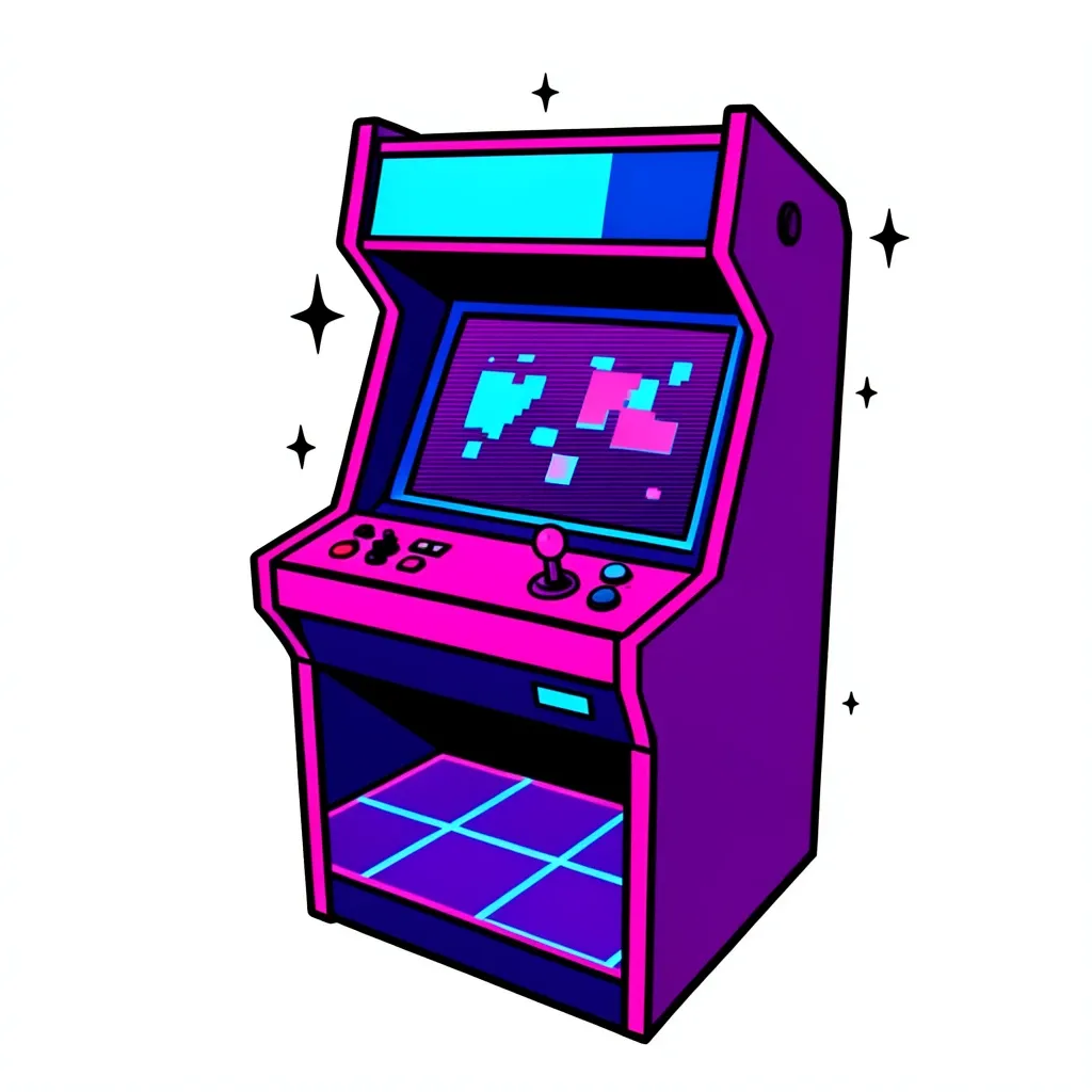 80s arcade gaming t-shirt design with cabinet silhouette, neon grid floor, pixel screen and pink blue purple fills