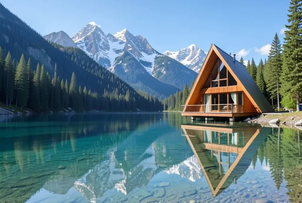 Modern wooden A-frame cabin on a crystal-clear alpine lake with pine forest and snow-capped peaks