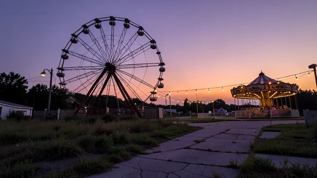 Abandoned amusement park at dusk with rusted Ferris wheel and flickering lights under purple sky