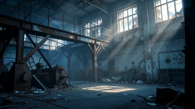 A derelict factory interior with rusted machinery and dusty light beams through broken windows