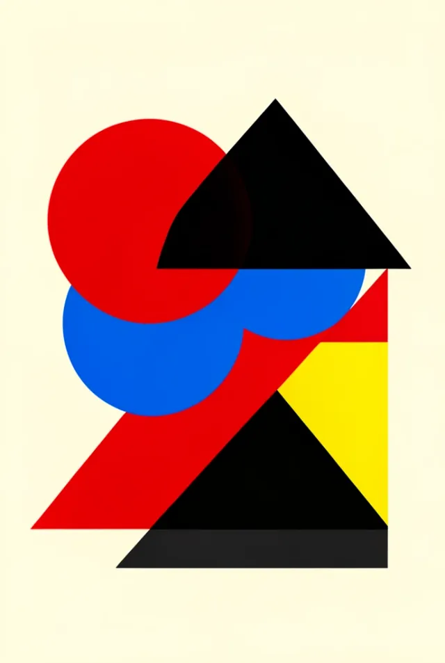 A Bauhaus-style poster of overlapping primary-colour circles, triangles and rectangles on cream