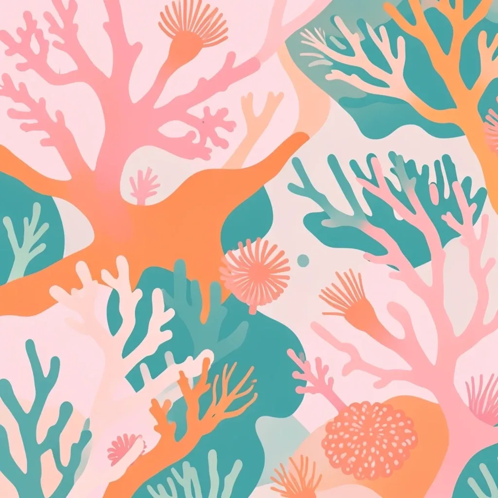 Seamless abstract coral reef pattern in pink, orange, and teal with flowing organic shapes