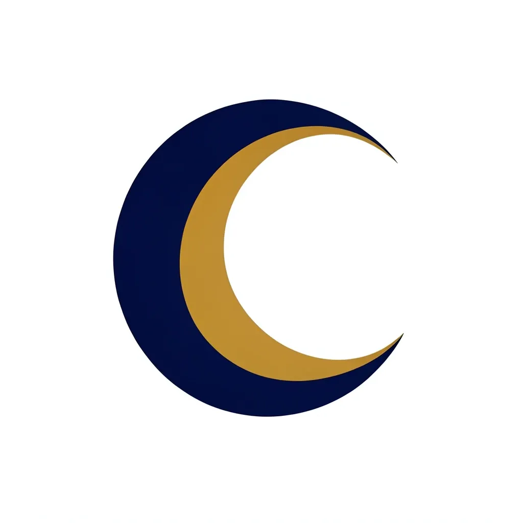 Modern abstract crescent moon logo in indigo and gold formed by overlapping curved shapes on white