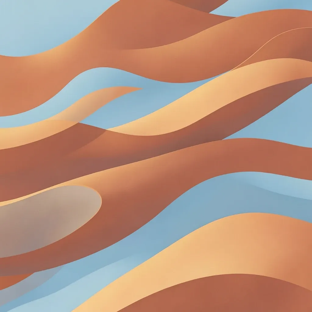 Seamless abstract desert dunes pattern in sand, terracotta, and soft blue with flowing curved shapes