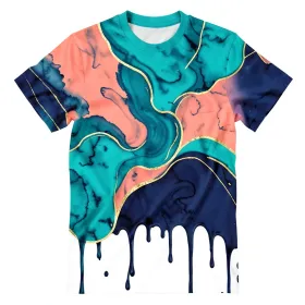Abstract fluid art t-shirt design with teal, coral and navy swirling shapes with gold line accents on white