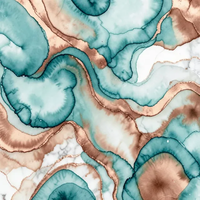 Abstract fluid ink pattern in teal, copper, and white with organic marble-like swirls