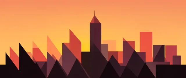 Abstract geometric city skyline with overlapping triangles and rectangles against warm sunset gradient