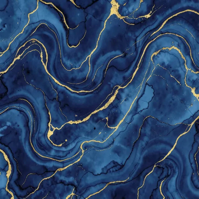 Abstract ink marble pattern with deep blue base and elegant gold veins