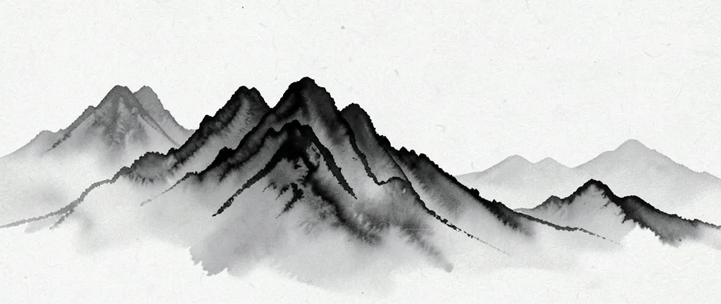 Misty mountain peaks painted in flowing black ink on rice paper texture with soft grey gradients