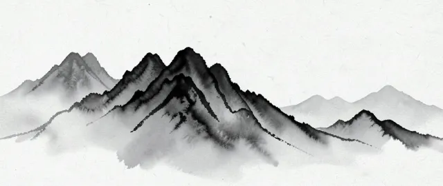 Misty mountain peaks painted in flowing black ink on rice paper texture with soft grey gradients