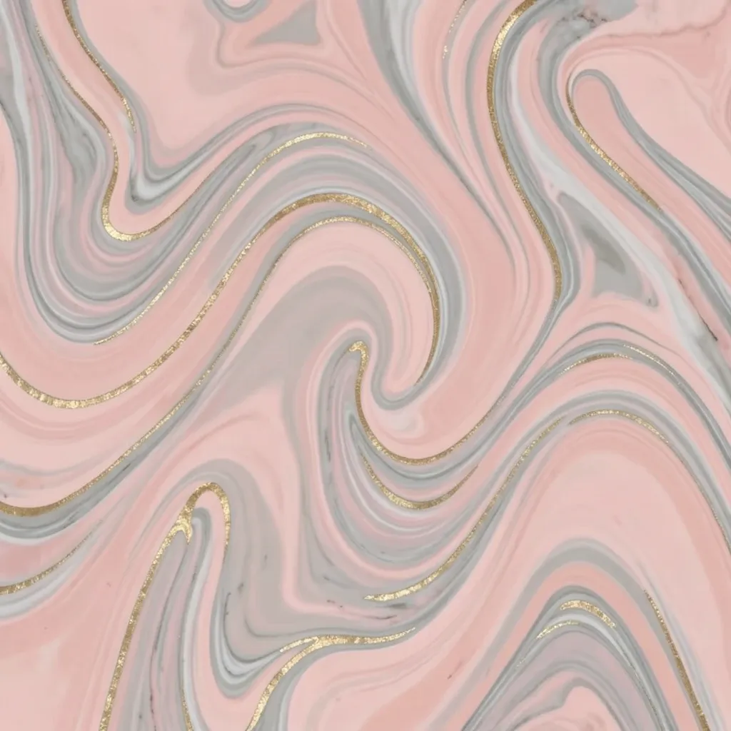 Seamless abstract marble swirl pattern in blush pink, soft grey, and gold veins