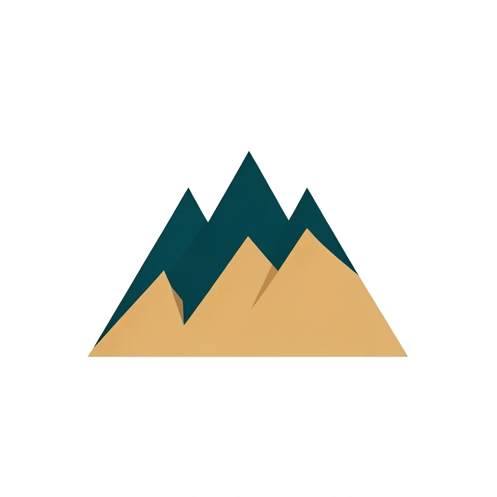 Abstract mountain range logo with three overlapping teal and sand triangular peaks on white
