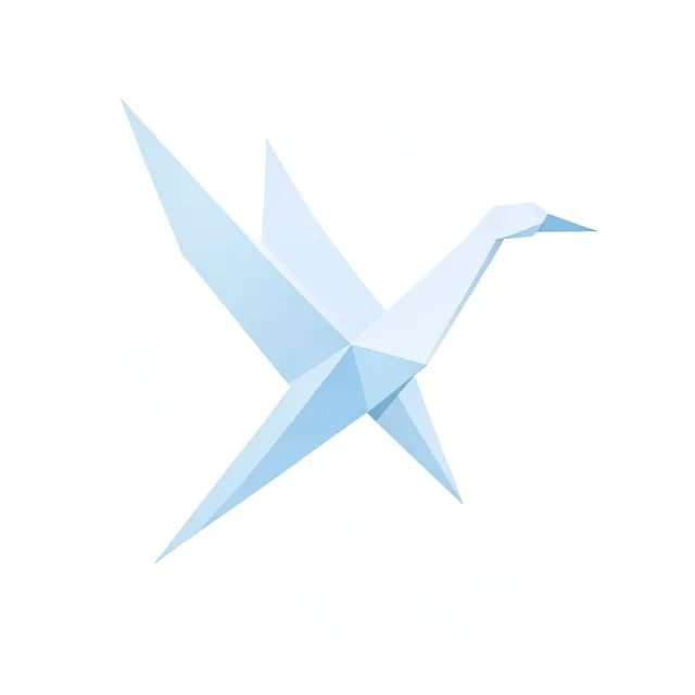 Minimal abstract origami crane logo formed from triangular planes in soft blue and white on white