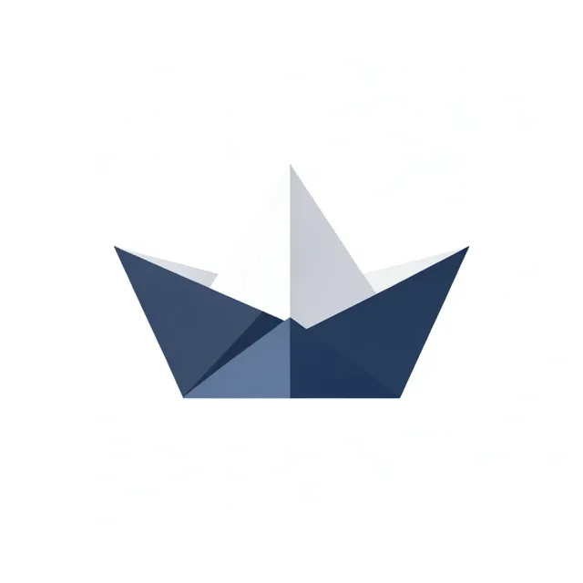 Minimal abstract origami paper boat logo in navy and white formed from folded geometric planes