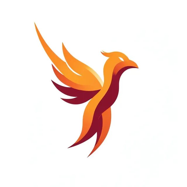Abstract phoenix rising logo formed from flowing flame curves in orange and crimson on white