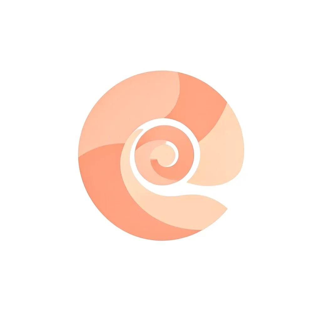 Minimal abstract nautilus spiral shell logo in coral and sand on white background