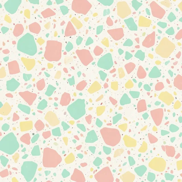 Soft pastel terrazzo pattern with blush, mint, yellow, and cream chips