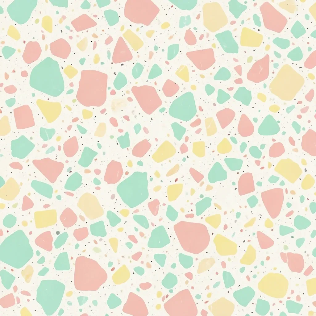 Soft pastel terrazzo pattern with blush, mint, yellow, and cream chips
