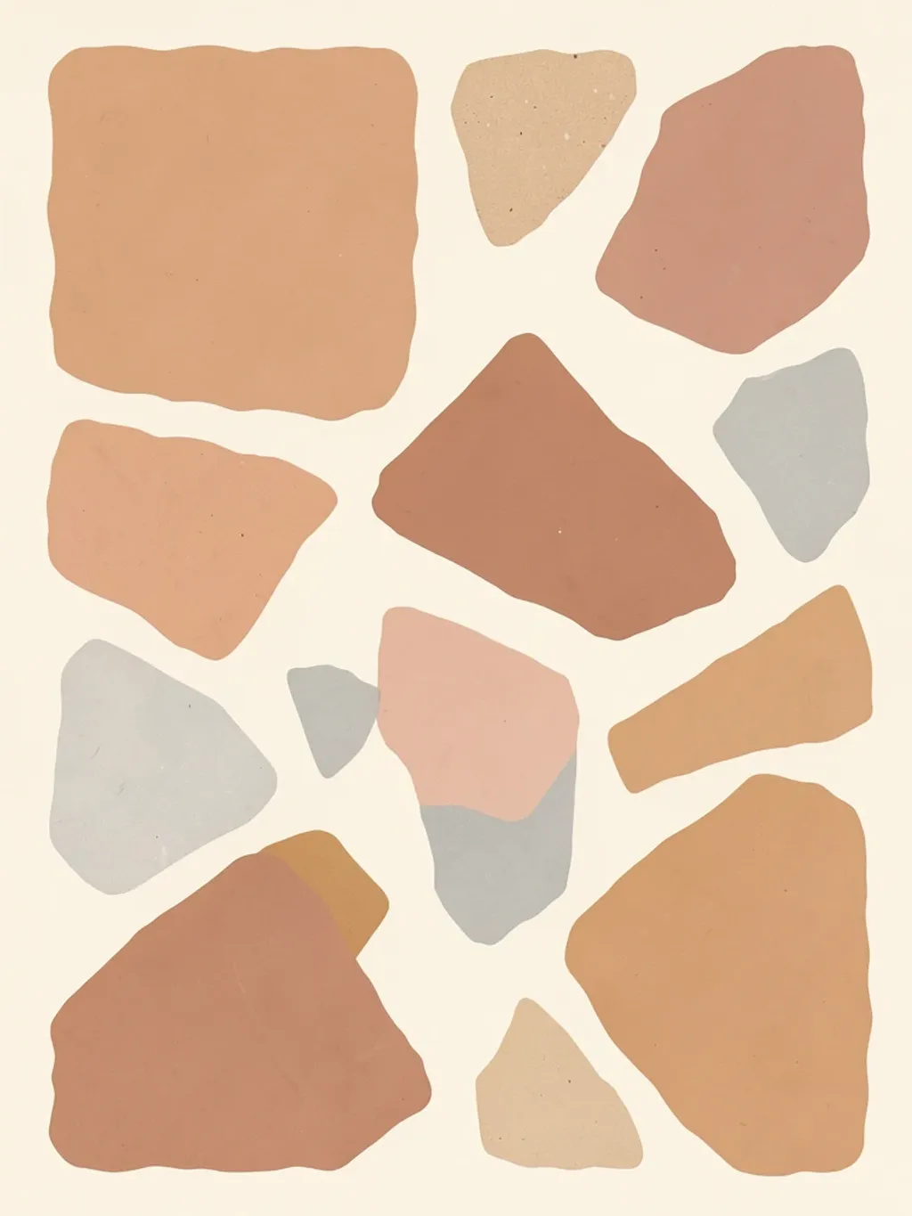 An abstract terrazzo print with oversized fragments in muted warm tones