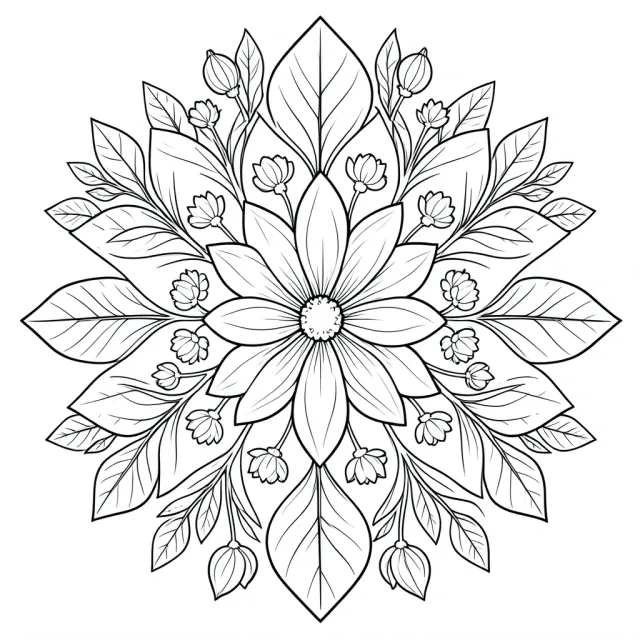 Clean botanical mandala coloring page with closed black outlines on white background
