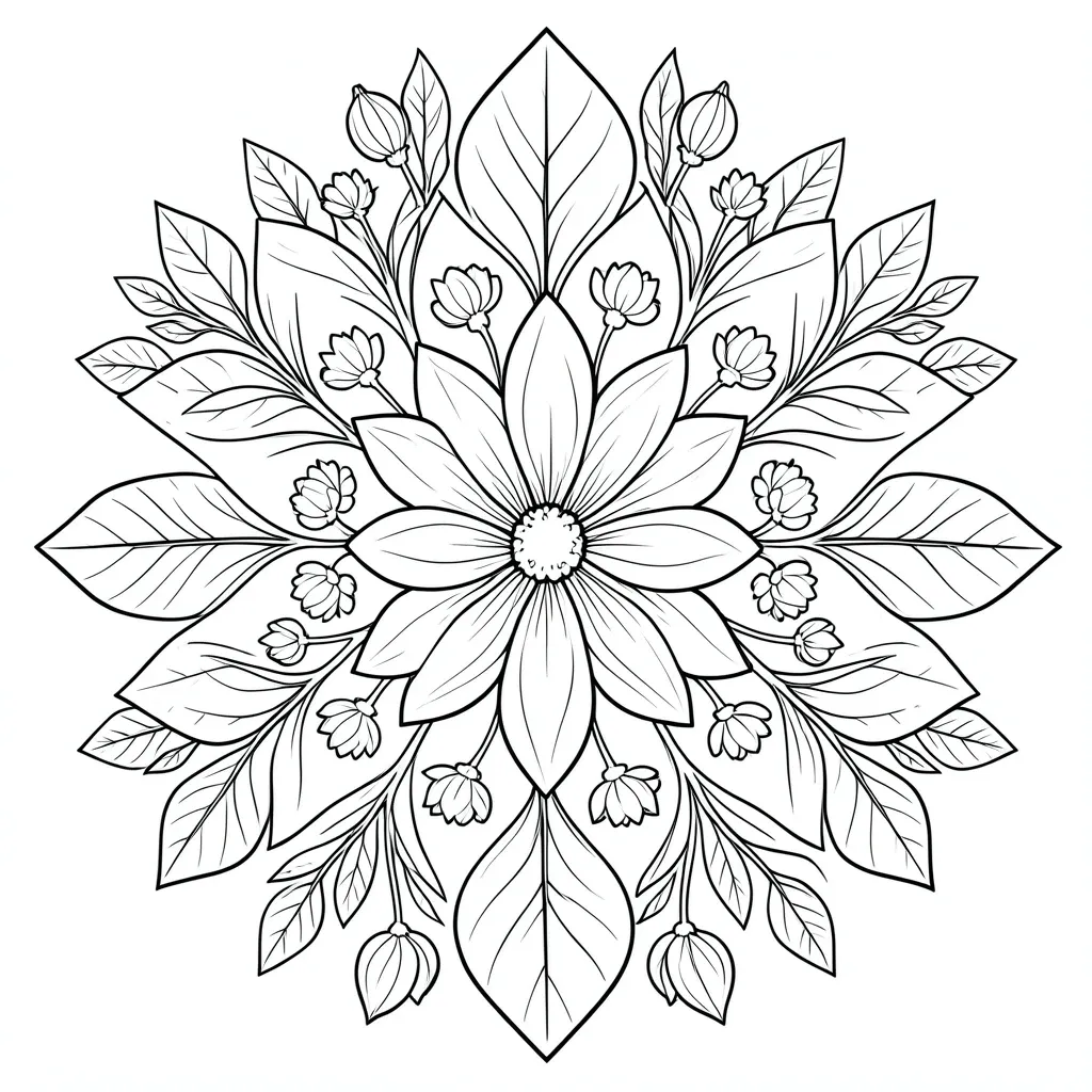 Clean botanical mandala coloring page with closed black outlines on white background