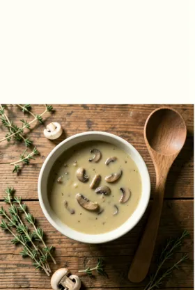 Aesthetic recipe Pinterest pin with overhead mushroom soup bowl on rustic wood in cream brown and sage