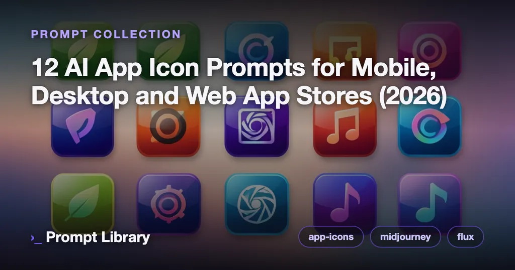 Cover for the prompt collection “12 AI App Icon Prompts for Mobile, Desktop and Web…”, themed illustration with title overlay
