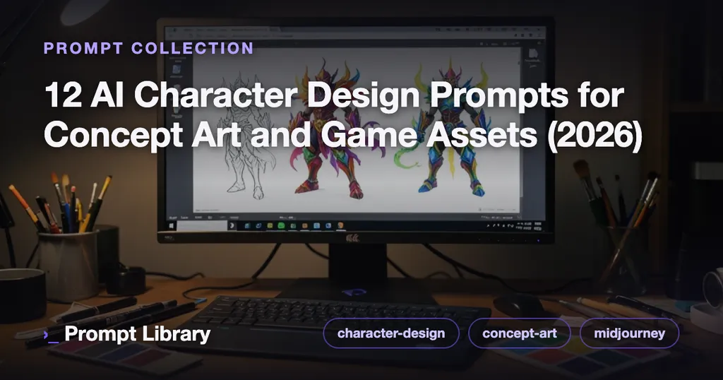 Cover for the prompt collection “12 AI Character Design Prompts for Concept Art and…”, themed illustration with title overlay