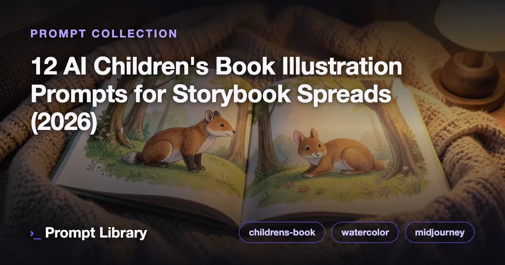 Cover for the prompt collection “12 AI Children's Book Illustration Prompts for Sto…”, themed illustration with title overlay