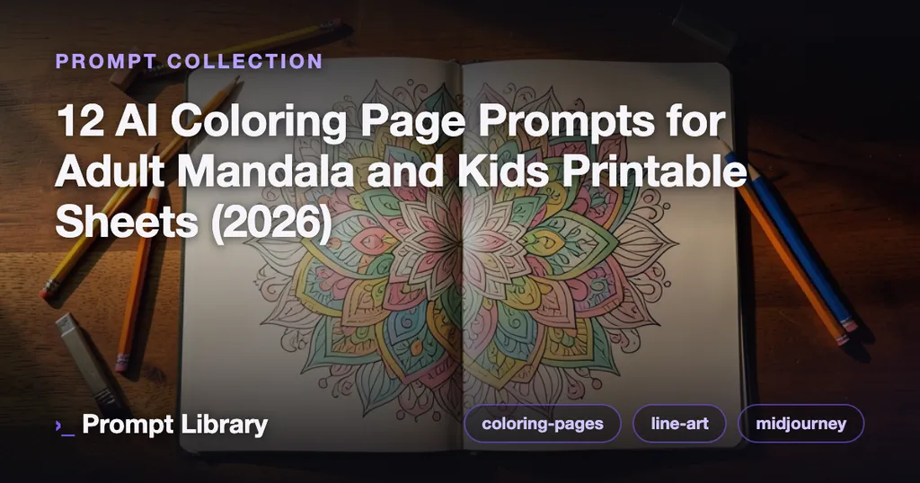 Cover for the prompt collection “12 AI Coloring Page Prompts for Adult Mandala an…”, themed illustration with title overlay
