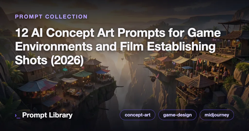 Cover for the prompt collection “12 AI Concept Art Prompts for Game Environments…”, themed illustration with title overlay