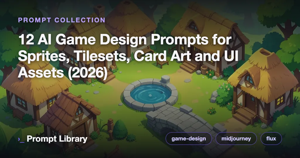 Cover for the prompt collection “12 AI Game Design Prompts for Sprites, Tilesets,…”, themed illustration with title overlay