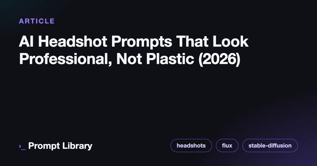 Branded cover card for the article “AI Headshot Prompts That Look Professional, Not Plastic (…”, dark theme with iris accent