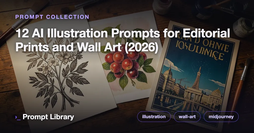 Cover for the prompt collection “12 AI Illustration Prompts for Editorial Prints an…”, themed illustration with title overlay