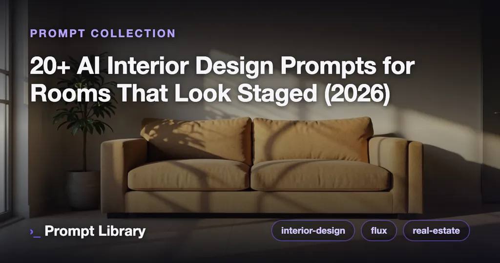 Cover for the prompt collection “20+ AI Interior Design Prompts for Rooms That Look…”, themed illustration with title overlay