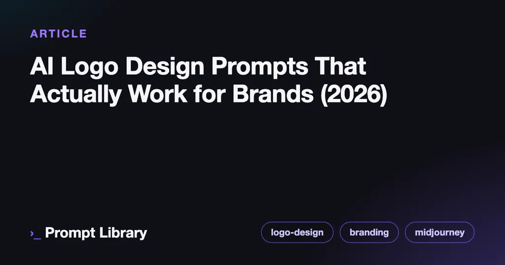 Branded cover card for the article “AI Logo Design Prompts That Actually Work for Brands (2026)”, dark theme with iris accent