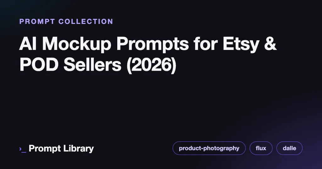 Cover for the prompt collection “AI Mockup Prompts for Etsy & POD Sellers (2026)”, dark theme with iris accent