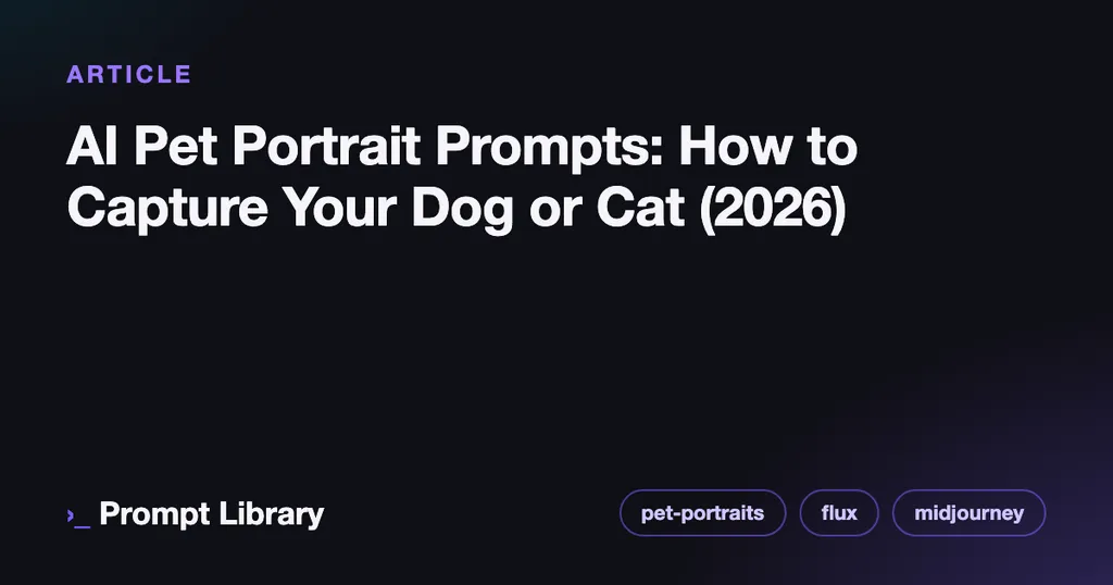 Branded cover card for the article “AI Pet Portrait Prompts: How to Capture Your Dog or Cat (…”, dark theme with iris accent