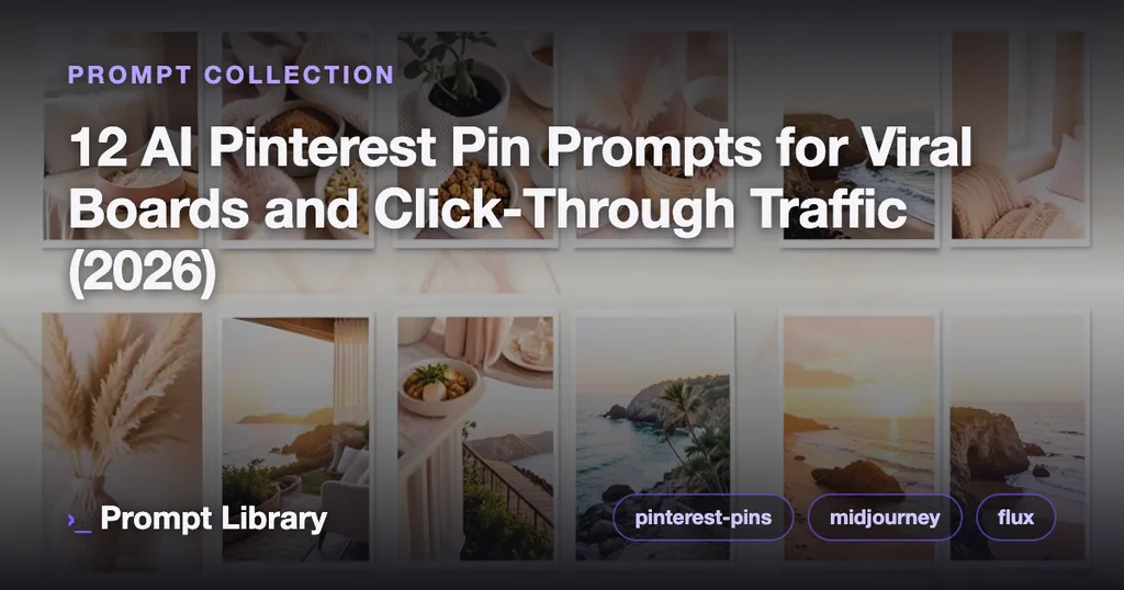 Cover for the prompt collection “12 AI Pinterest Pin Prompts for Viral Boards and…”, themed illustration with title overlay