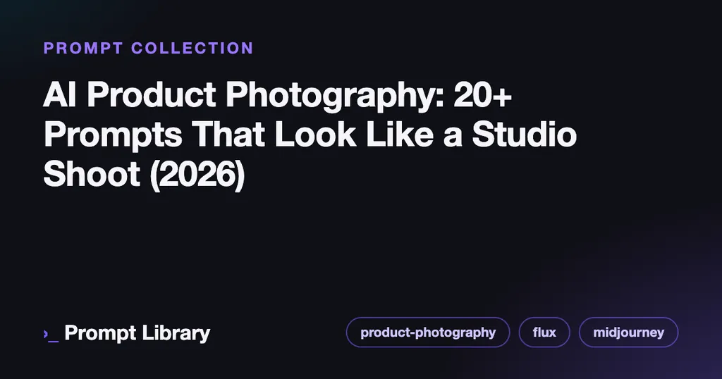 Branded cover card for the prompt collection “AI Product Photography: 20+ Prompts That Look…”, dark theme with iris accent