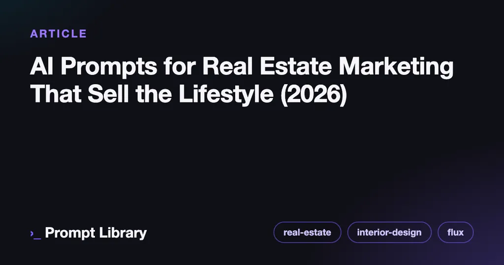 Branded cover card for the article “AI Prompts for Real Estate Marketing That Sell the Lifesty…”, dark theme with iris accent