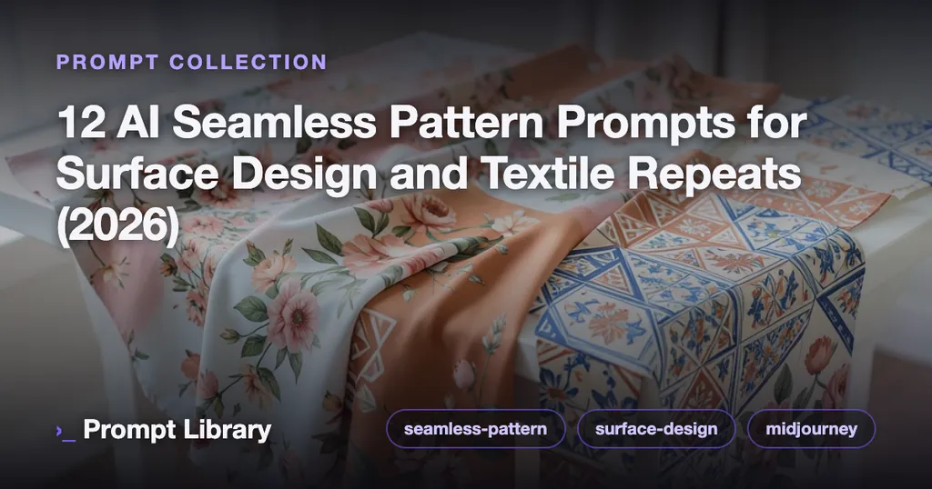 Cover for the prompt collection “12 AI Seamless Pattern Prompts for Surface Desi…”, themed illustration with title overlay