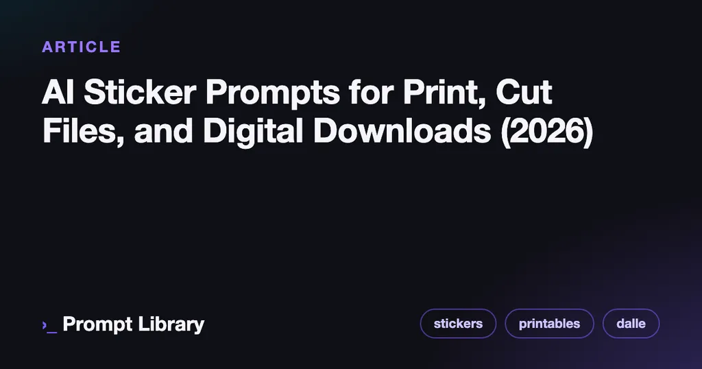 Branded cover card for the article “AI Sticker Prompts for Print, Cut Files, and Digital Dow…”, dark theme with iris accent
